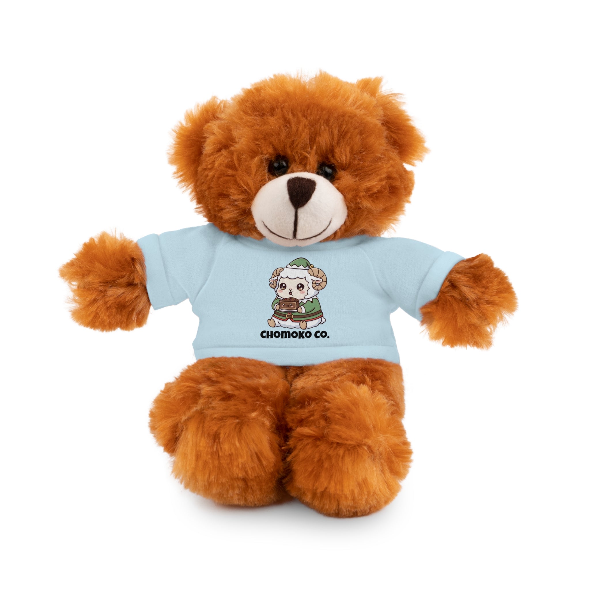 Bashi eating Christmas cake Plush Teddy Bear with Graphic Tee – Cute Chibi Character "Chomoko Co."