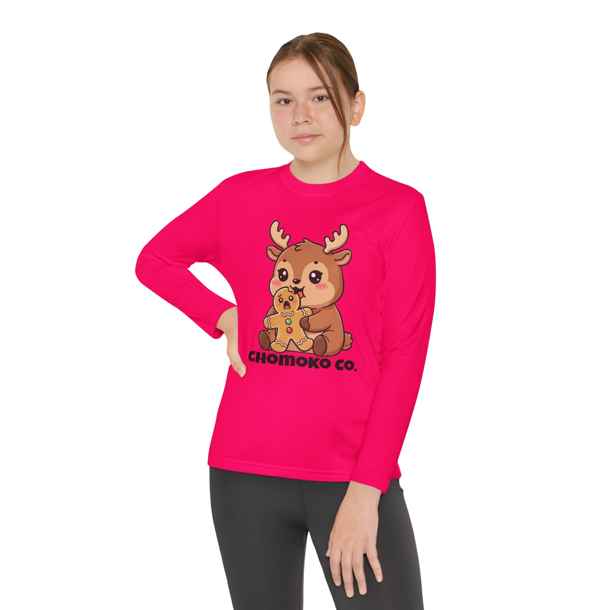 Haru eating a Gingerbread Man Youth Long Sleeve Competitor Tee