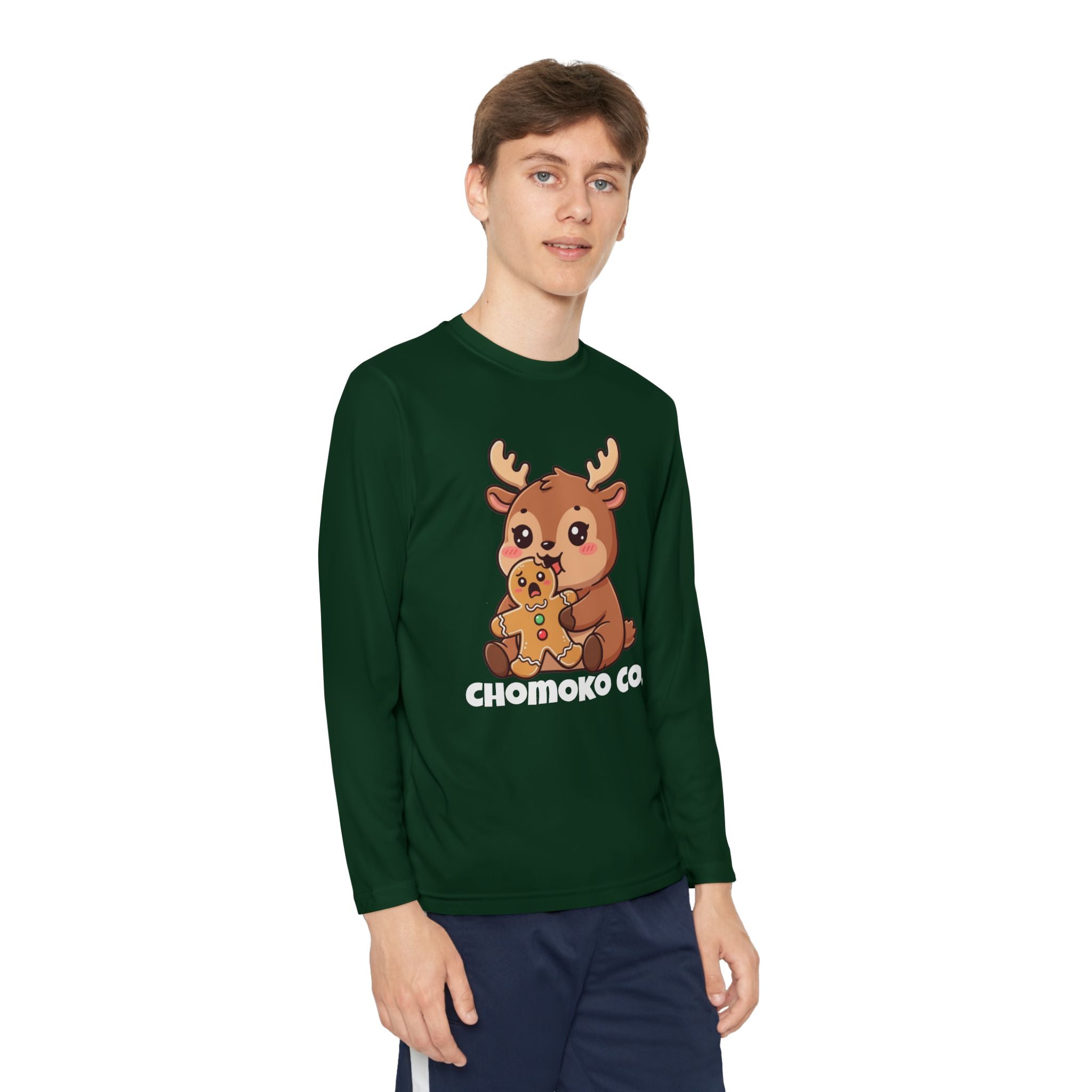 Haru eating a Gingerbread Man Youth Long Sleeve Competitor Tee
