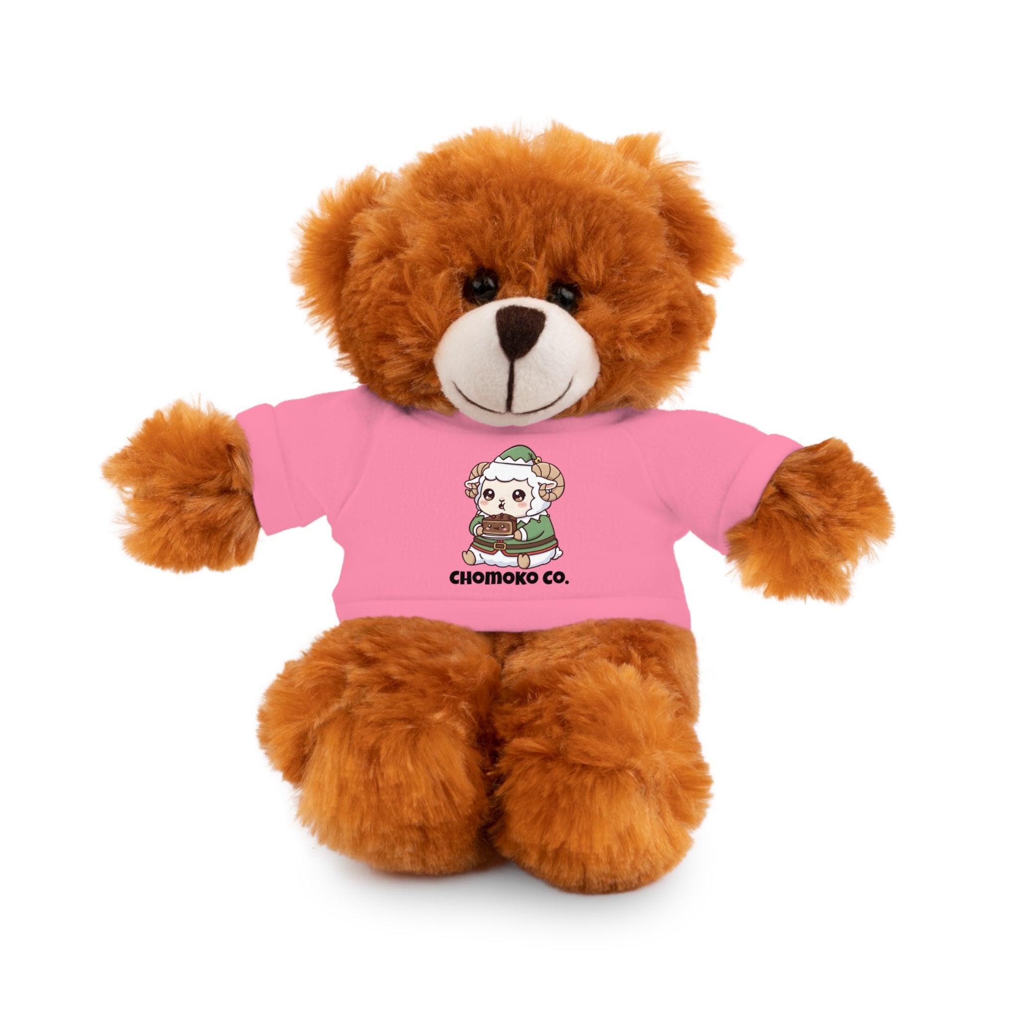 Bashi eating Christmas cake Plush Teddy Bear with Graphic Tee – Cute Chibi Character "Chomoko Co."