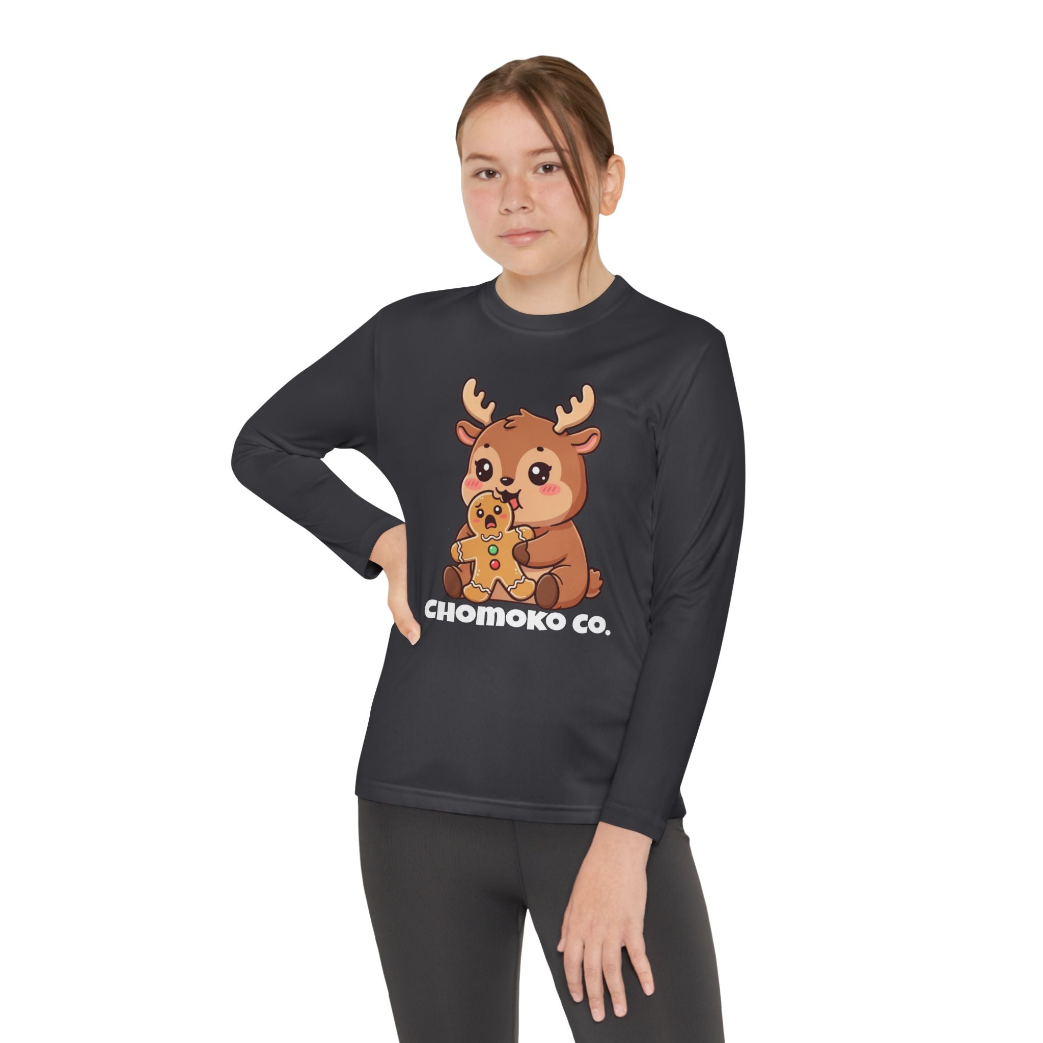 Haru eating a Gingerbread Man Youth Long Sleeve Competitor Tee