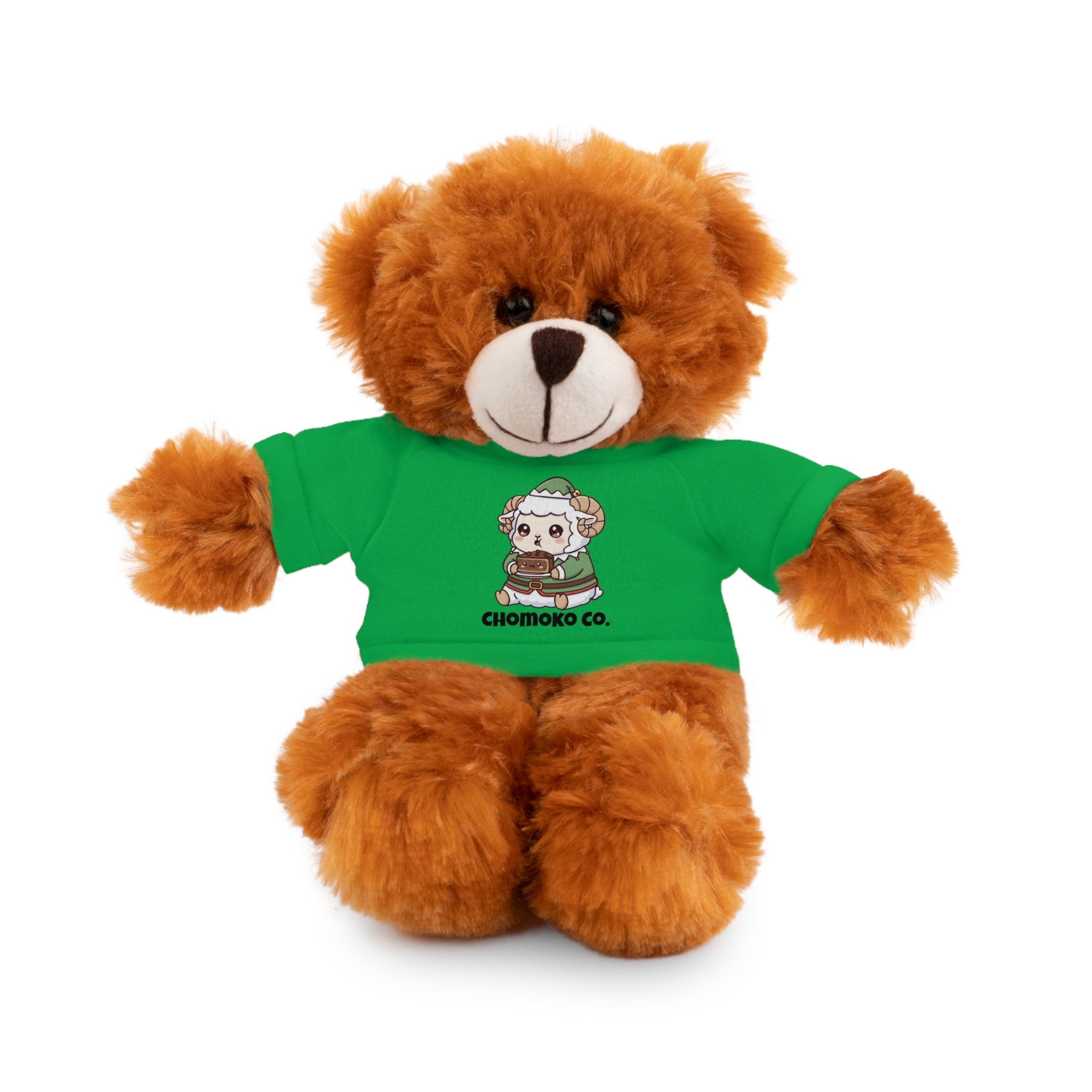 Bashi eating Christmas cake Plush Teddy Bear with Graphic Tee – Cute Chibi Character "Chomoko Co."