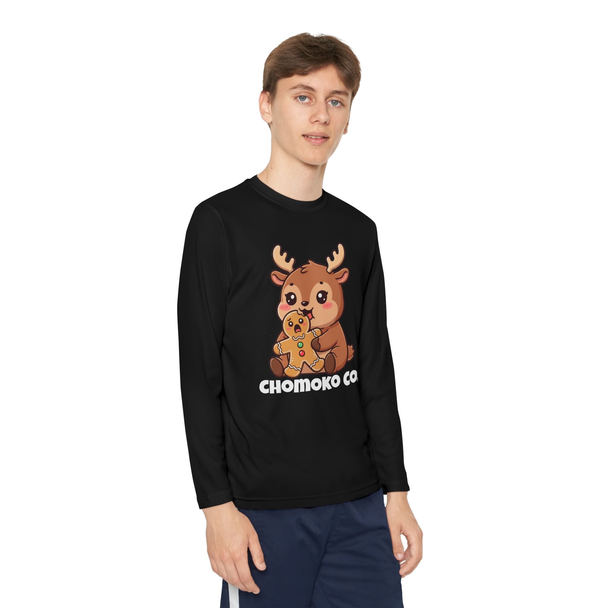 Haru eating a Gingerbread Man Youth Long Sleeve Competitor Tee