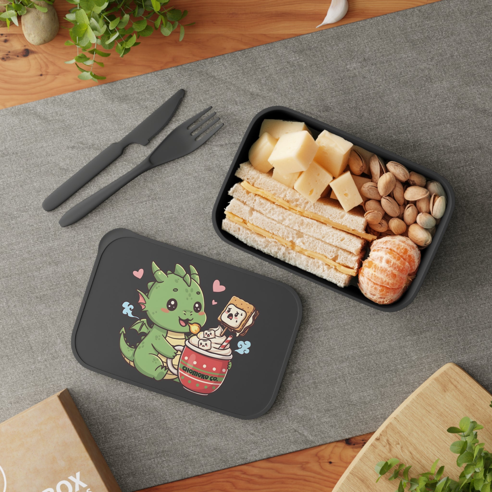 Rinzu drinking Hot chocolate PLA Bento Box with Band and Utensils