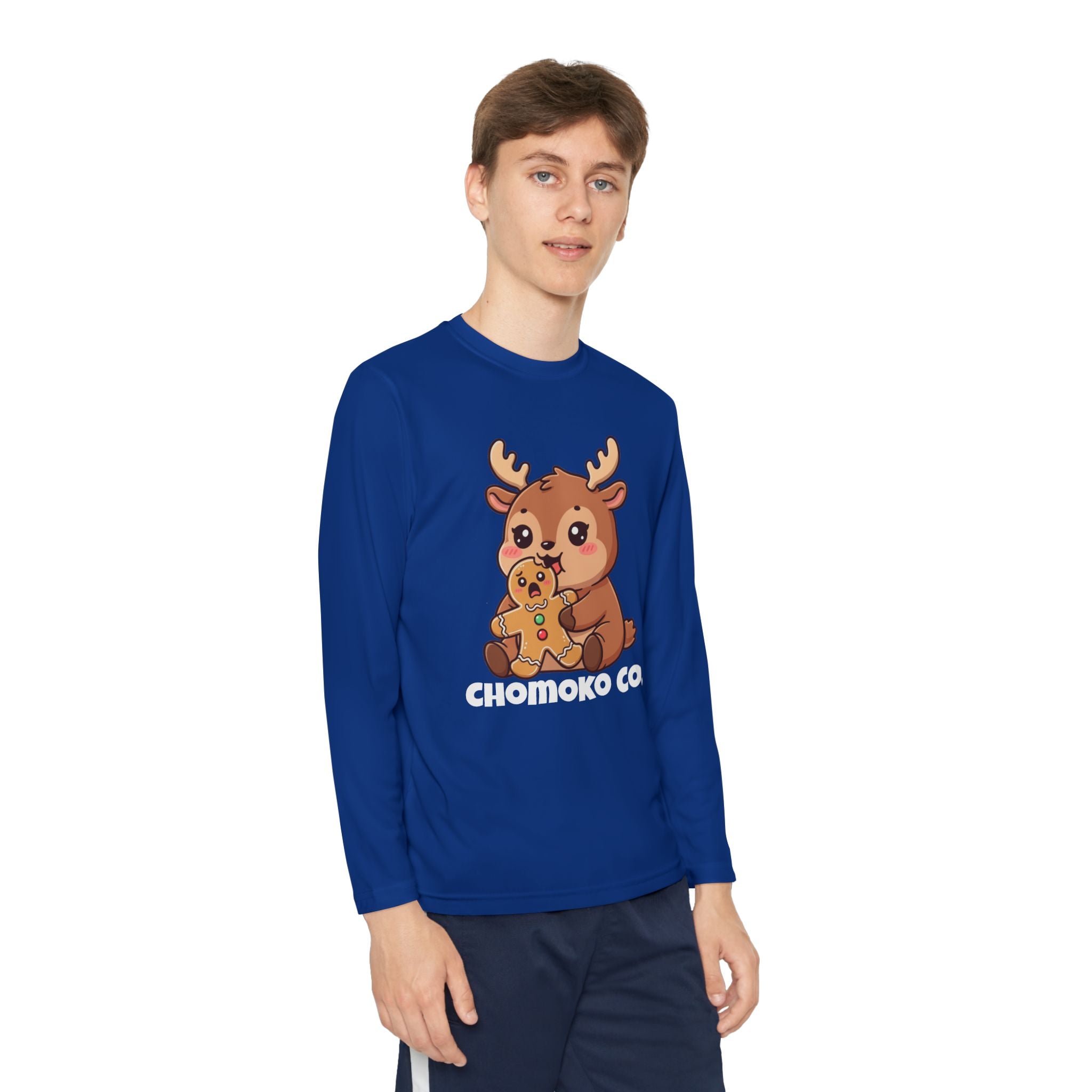 Haru eating a Gingerbread Man Youth Long Sleeve Competitor Tee