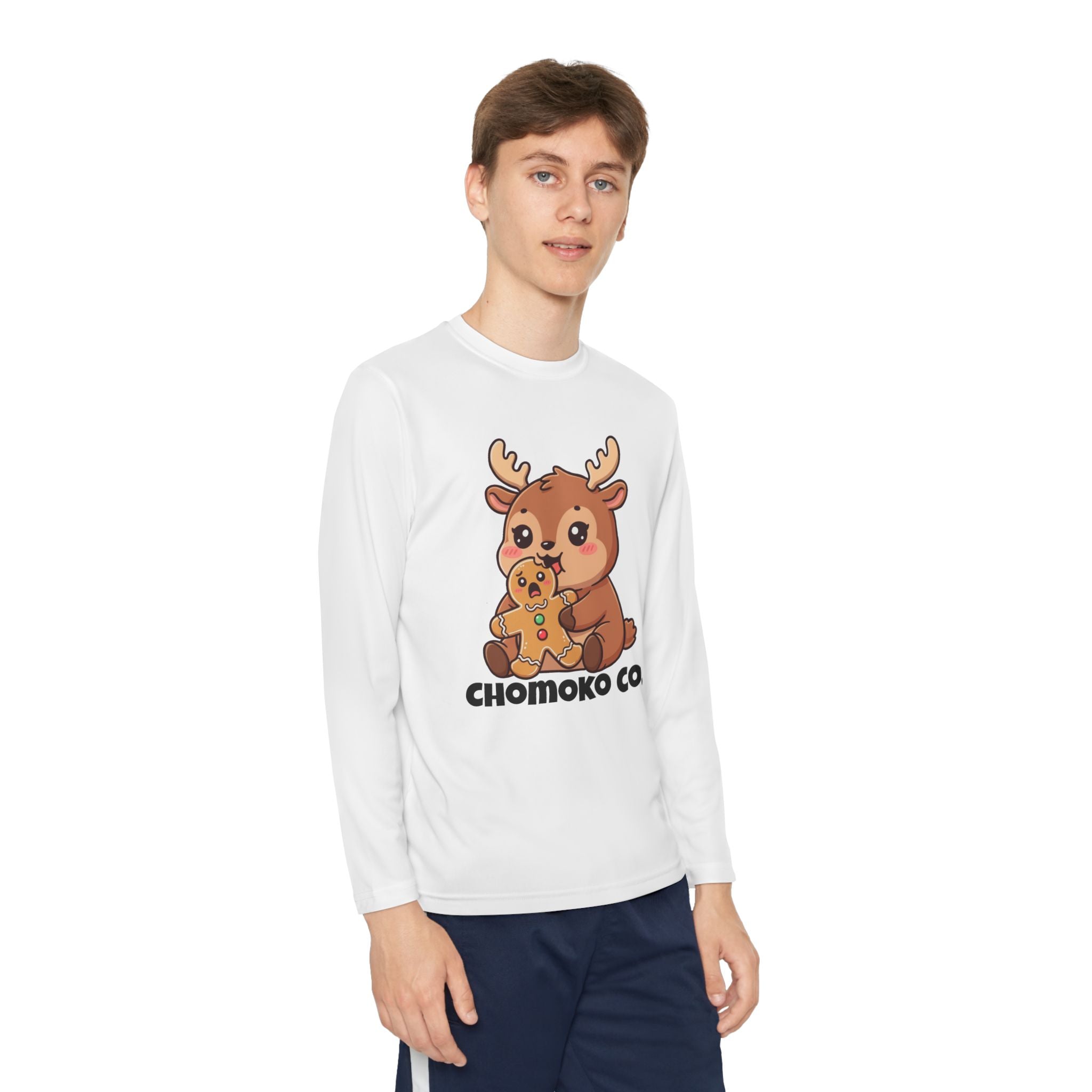 Haru eating a Gingerbread Man Youth Long Sleeve Competitor Tee