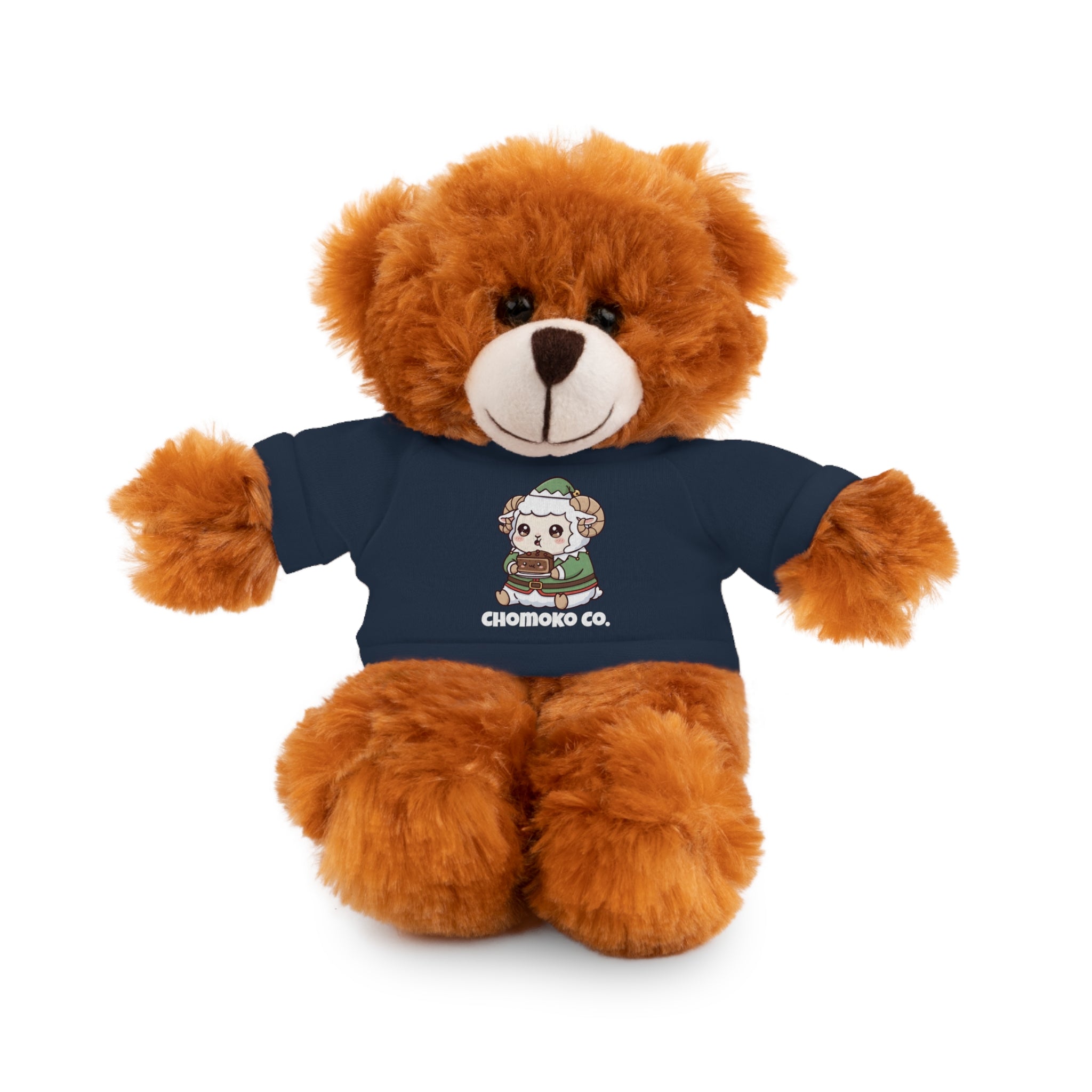Bashi eating Christmas cake Plush Teddy Bear with Graphic Tee – Cute Chibi Character "Chomoko Co."