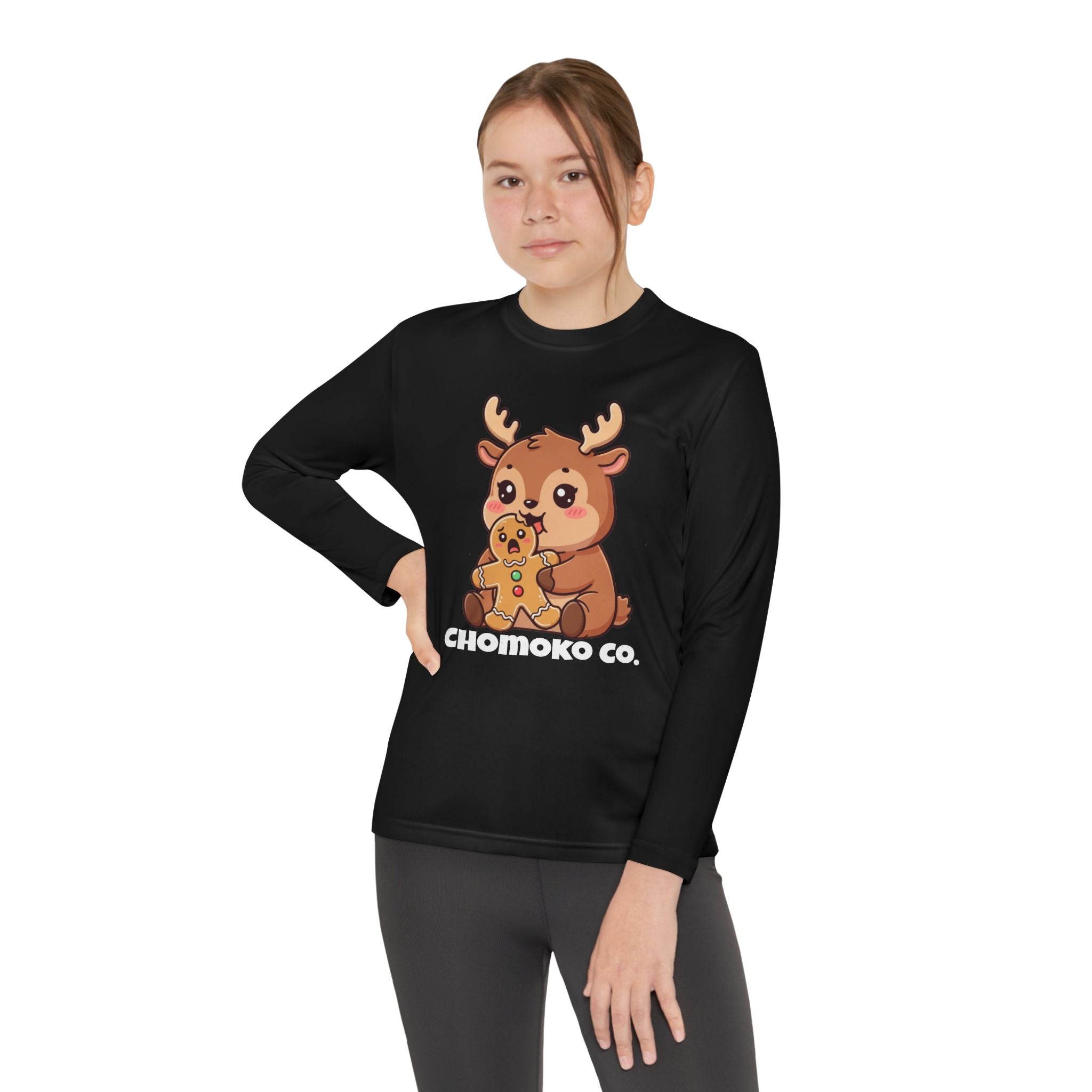 Haru eating a Gingerbread Man Youth Long Sleeve Competitor Tee