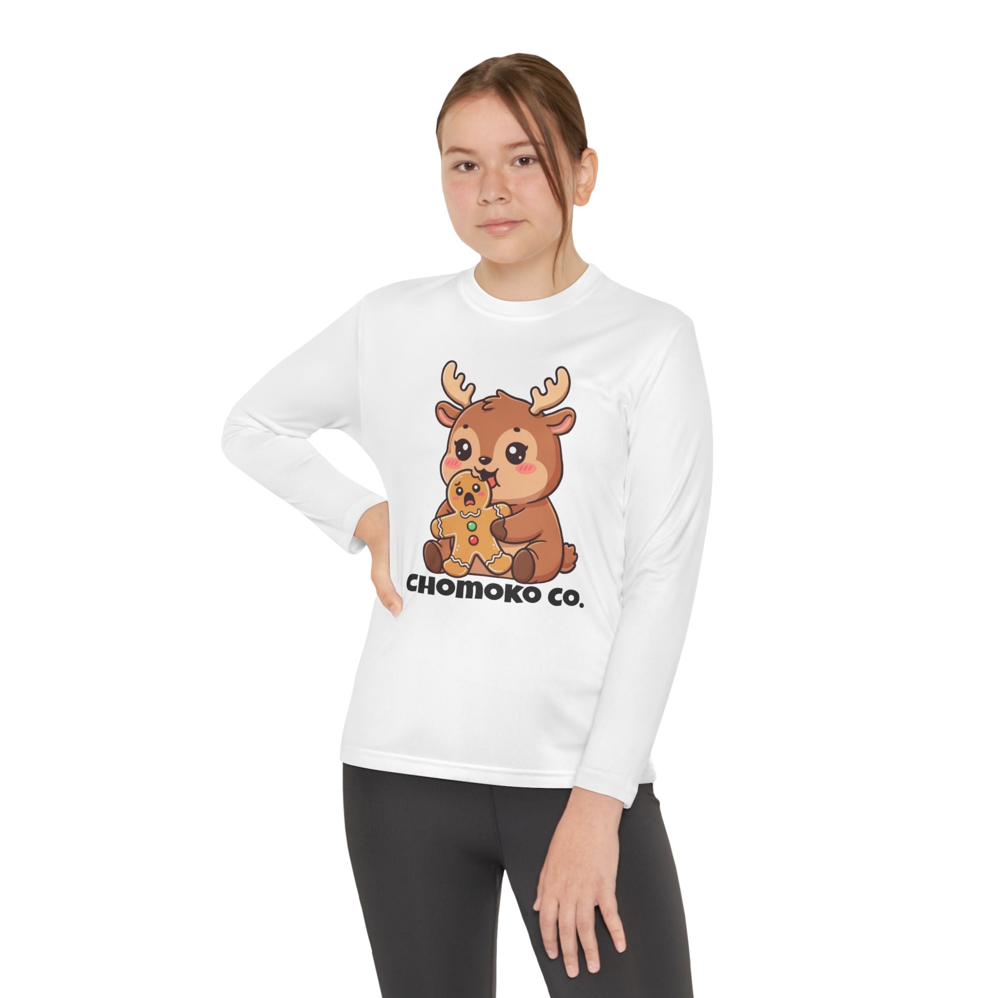 Haru eating a Gingerbread Man Youth Long Sleeve Competitor Tee