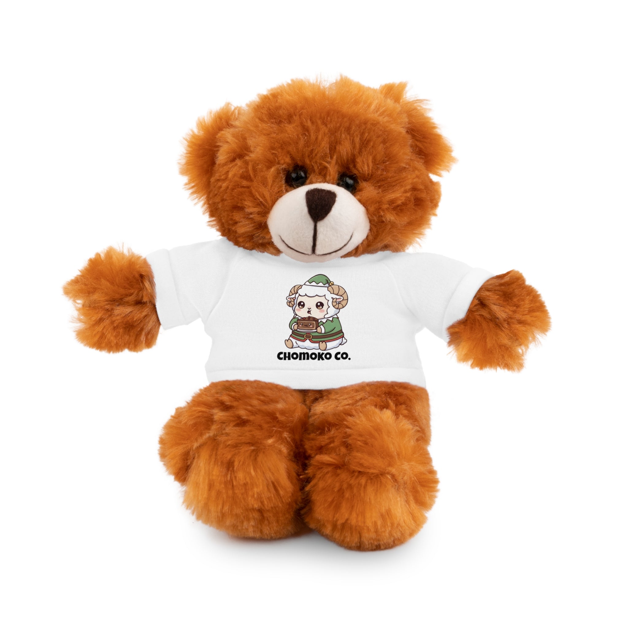 Bashi eating Christmas cake Plush Teddy Bear with Graphic Tee – Cute Chibi Character "Chomoko Co."