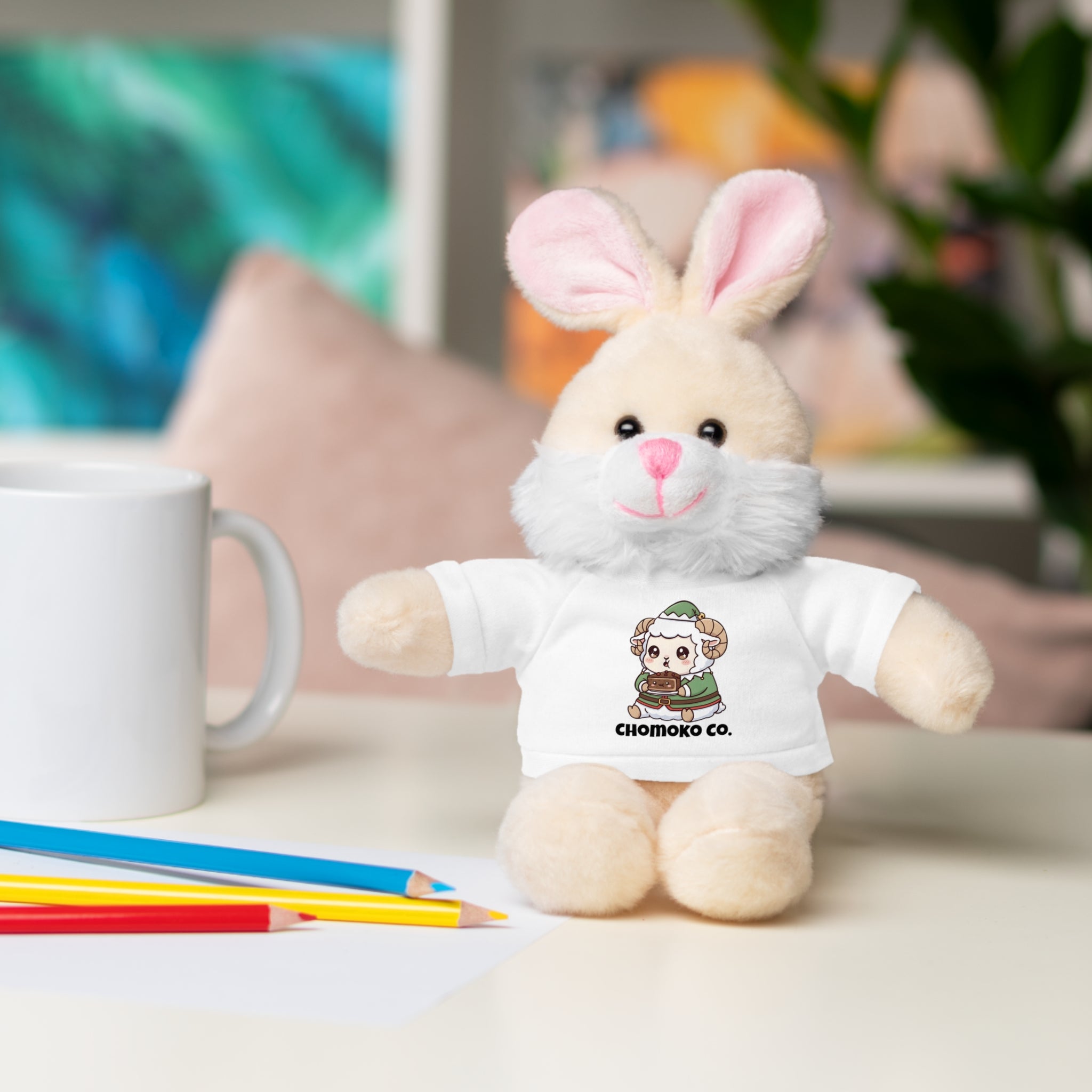 Bashi eating Christmas cake Plush Teddy Bear with Graphic Tee – Cute Chibi Character "Chomoko Co."